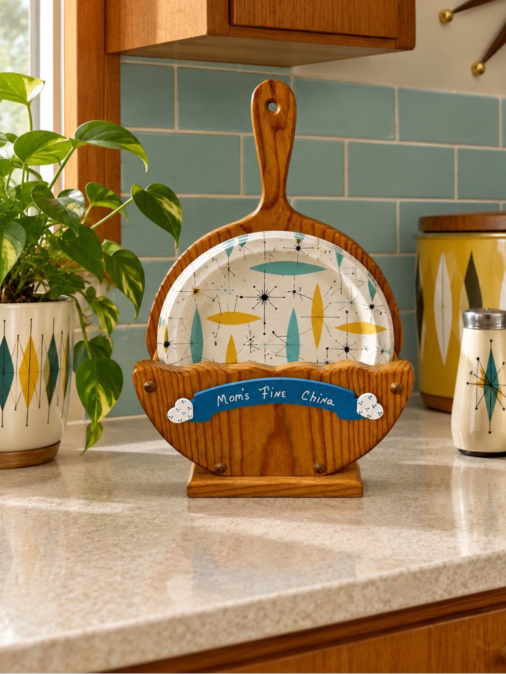 Vintage Wooden Country Hearts Paper Plate Holder Rack Retro Kitchen